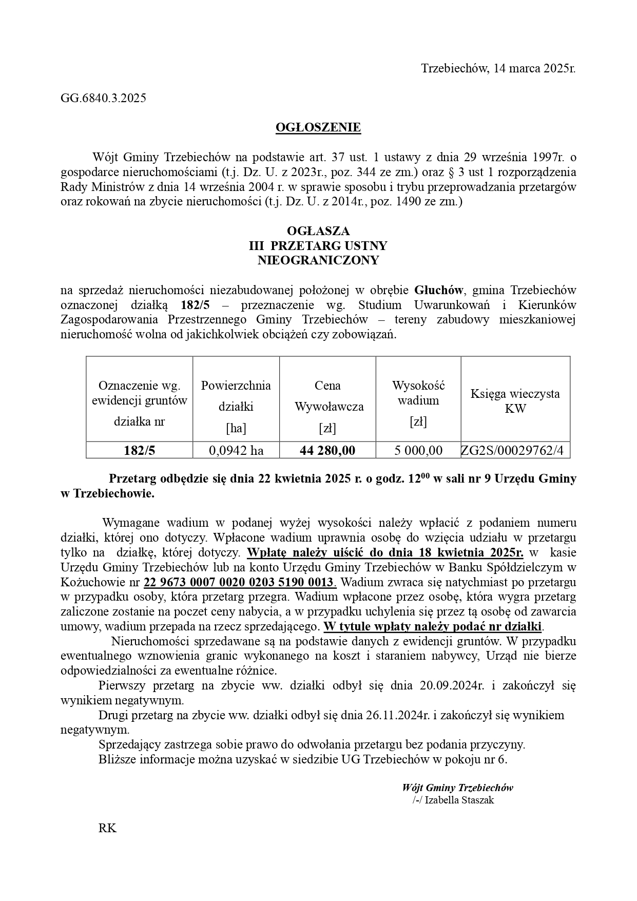 Wójt Gminy Trzebiechów ogłasza III przetarg ustny nieograniczony