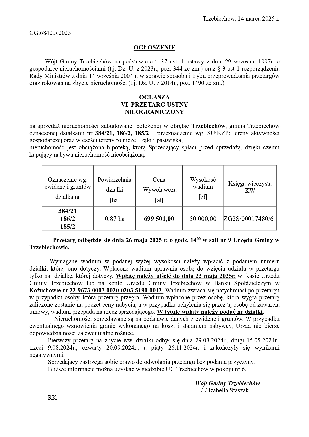 Wójt Gminy Trzebiechów ogłasza VI przetarg ustny nieograniczony