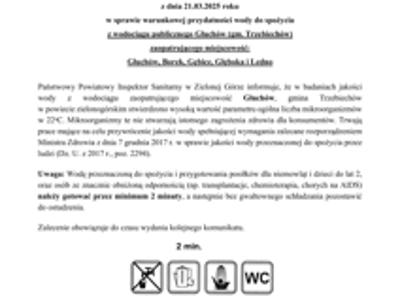 Komunikat w sprawie warunkowej przydatności wody do spożycia z wodociągu publicznego Głuchów