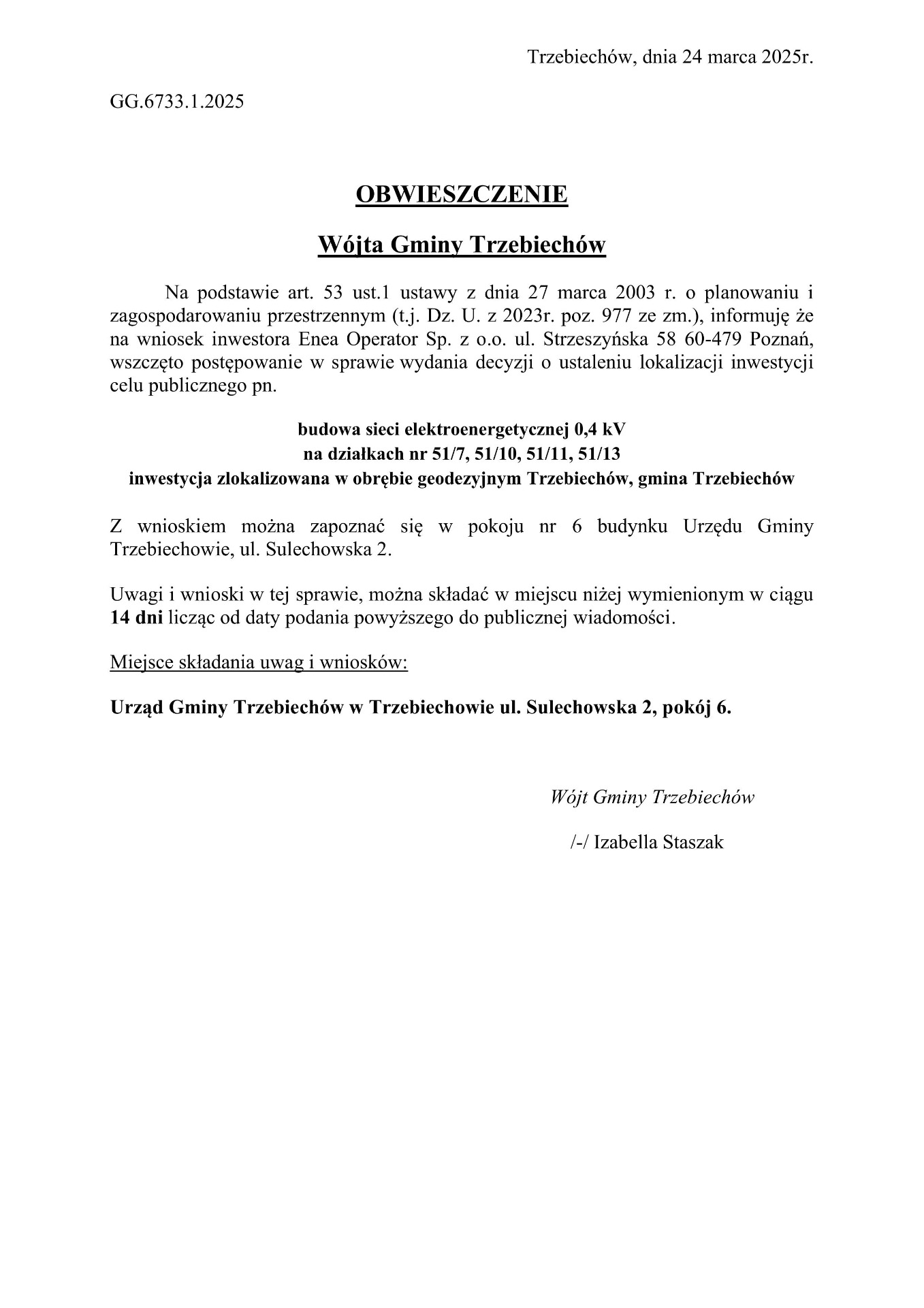 OBWIESZCZENIE Wójta Gminy Trzebiechów z dnia 24 marca 2025r. 