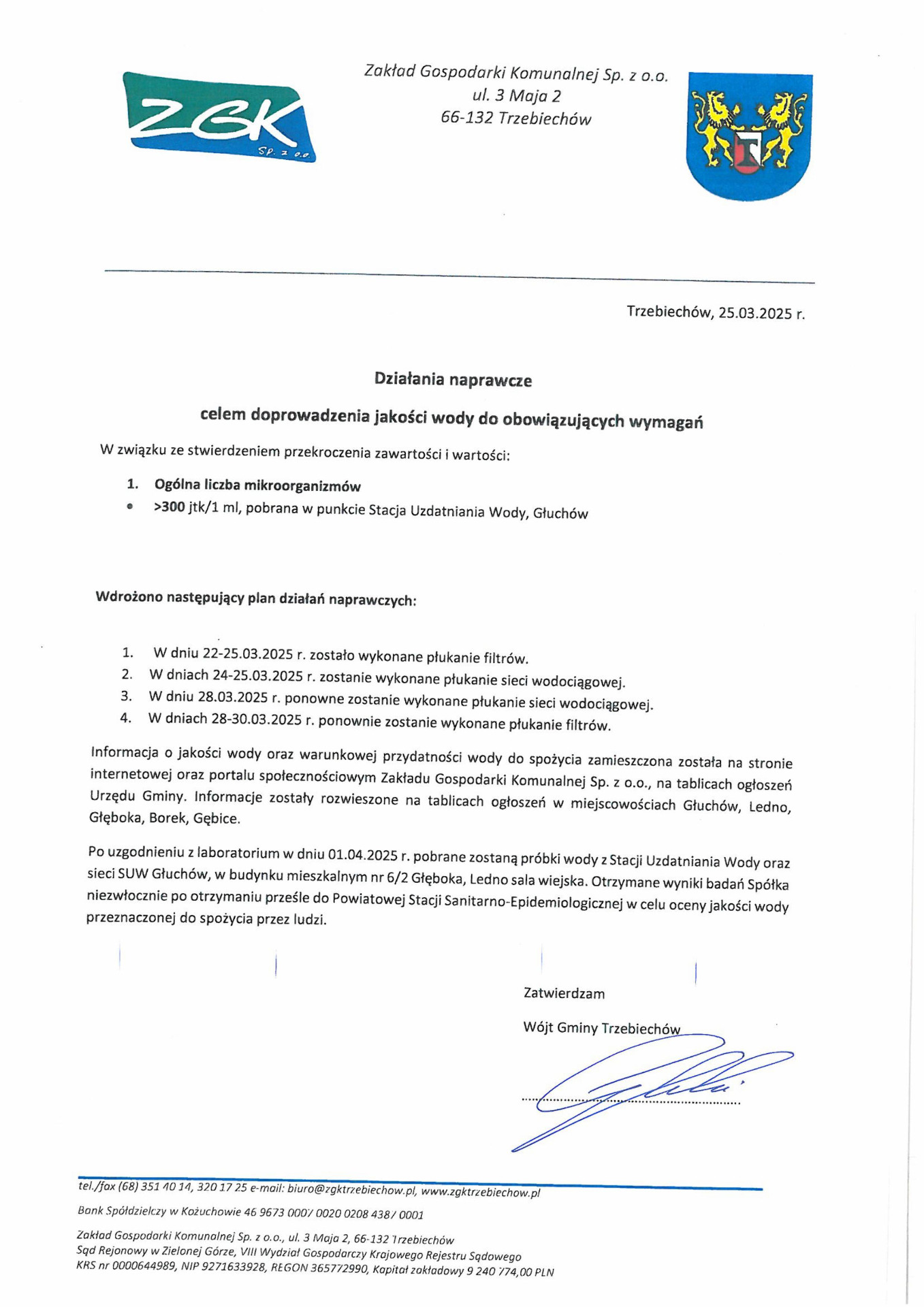 Działania naprawcze celem doprowadzenia jakości wody do obowiązujących wymagań