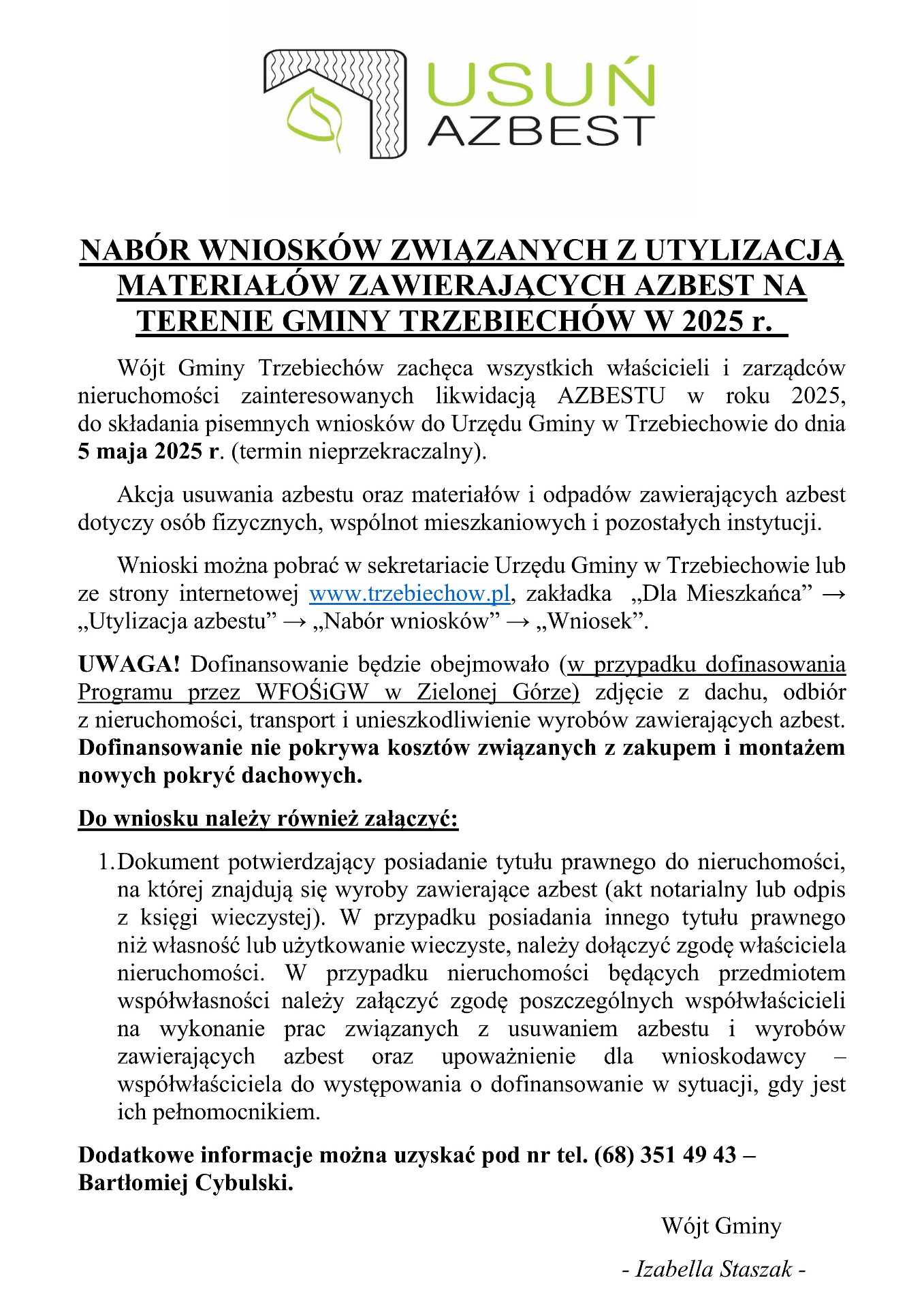 NABÓR WNIOSKÓW ZWIĄZANYCH Z UTYLIZACJĄ MATERIAŁÓW ZAWIERAJĄCYCH AZBEST NA TERENIE GMINY TRZEBIECHÓW W 2025 r.  