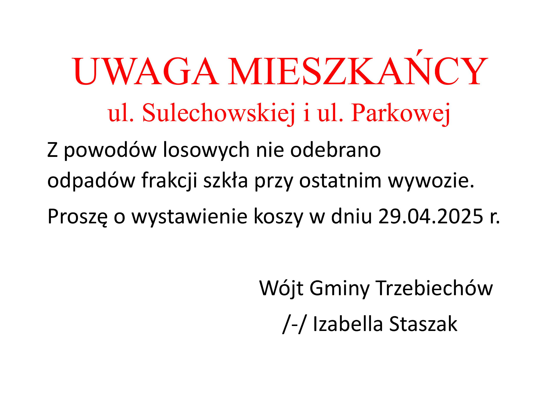 UWAGA MIESZKAŃCY ul. Sulechowskiej i ul. Parkowej