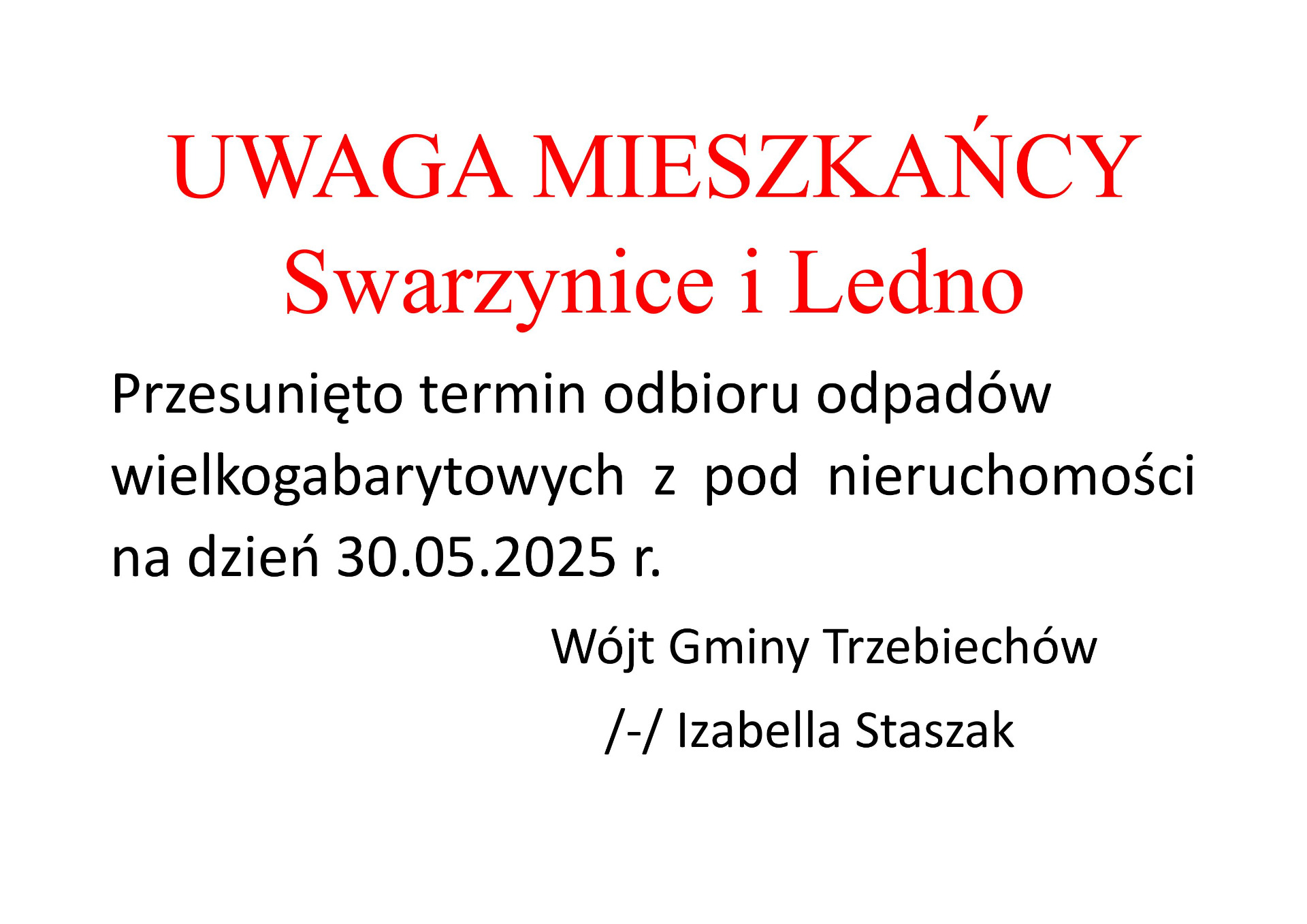UWAGA MIESZKAŃCY Swarzynice i Ledno