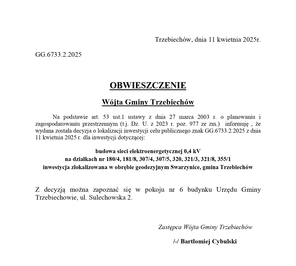  OBWIESZCZENIE Wójta Gminy Trzebiechów z dnia 11 kwietnia 2025r. 