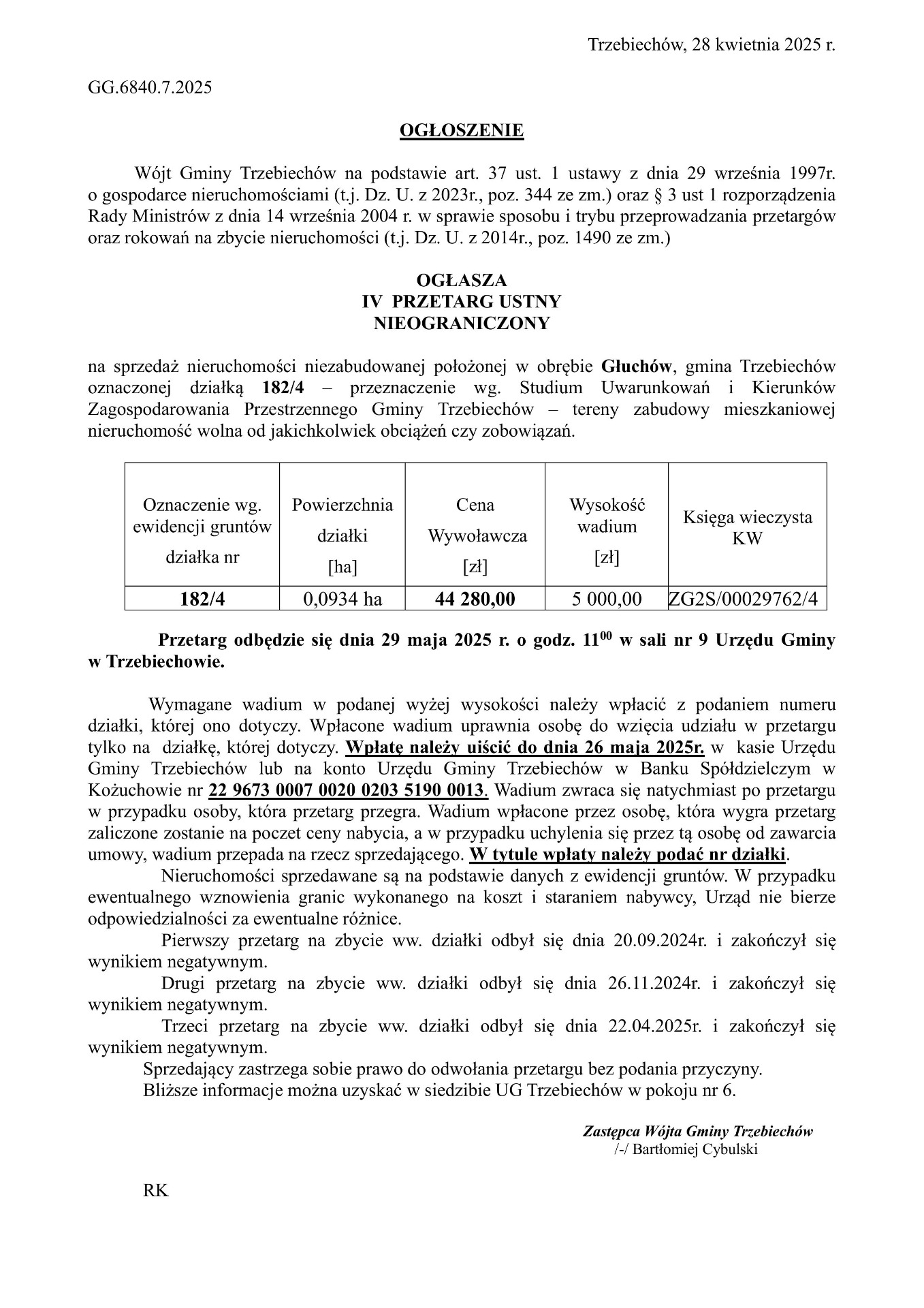 Wójt Gminy Trzebiechów ogłasza IV przetarg ustny nieograniczony