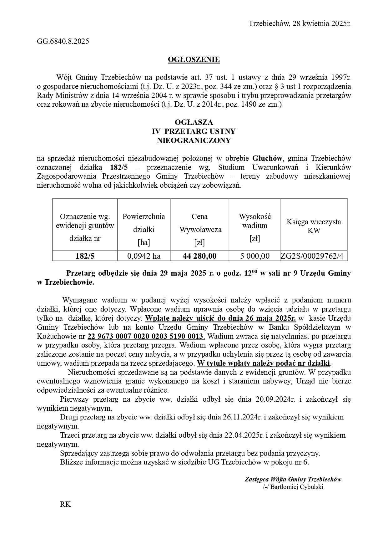 Wójt Gminy Trzebiechów ogłasza IV przetarg ustny nieograniczony