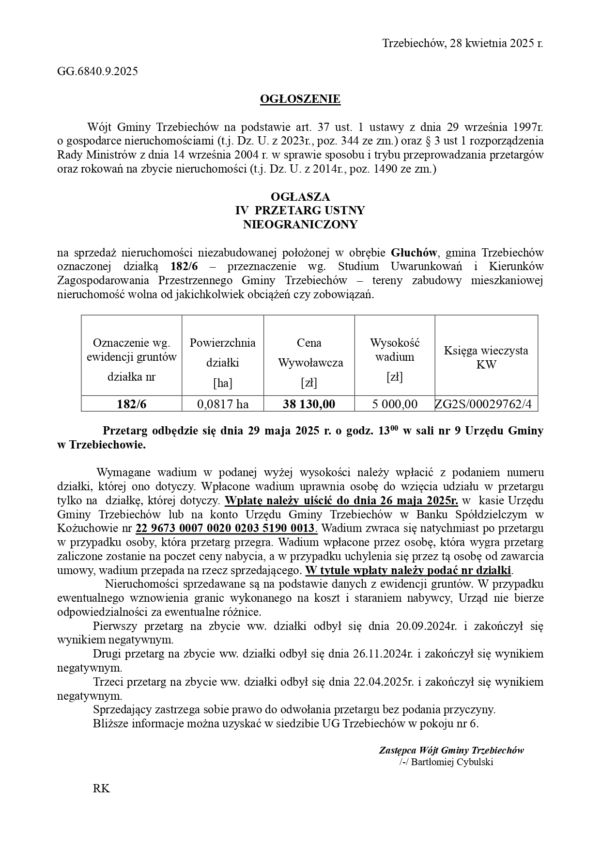Wójt Gminy Trzebiechów ogłasza IV przetarg ustny nieograniczony