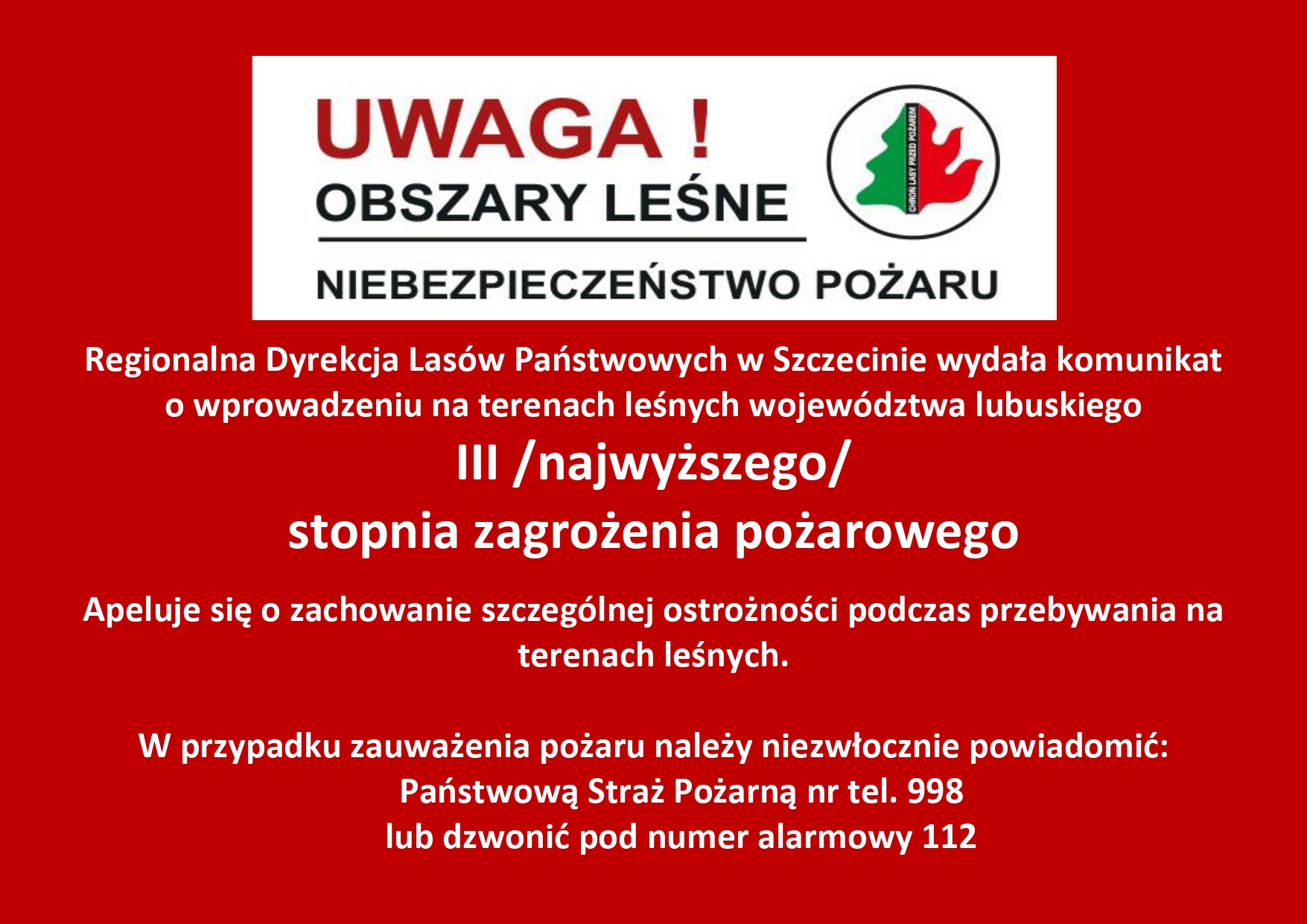 III (najwyższy) stopień zagrożenia pożarowego na terenach leśnych woj. lubuskiego