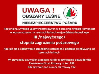 III (najwyższy) stopień zagrożenia pożarowego na terenach leśnych woj. lubuskiego