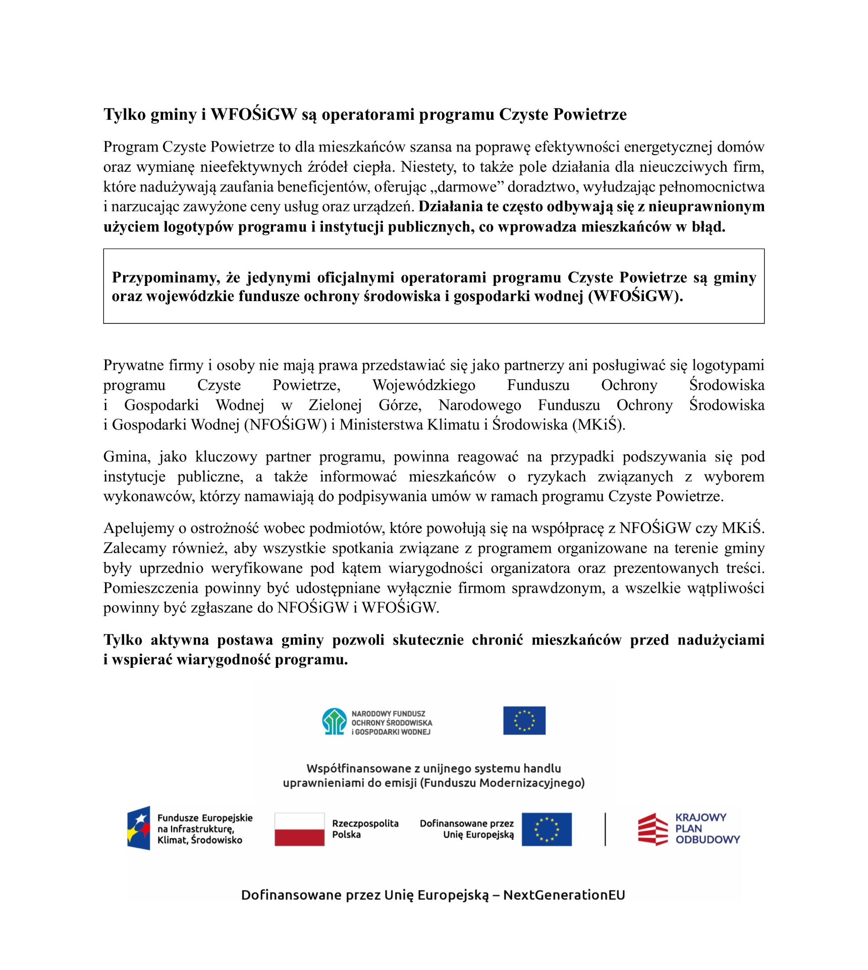 Tylko gminy i WFOŚiGW są operatorami programu Czyste Powietrze