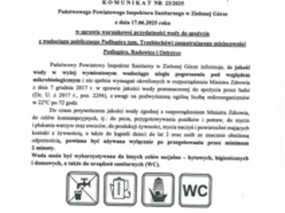 Komunikat w sprawie warunkowej przydatności wody do spożycia