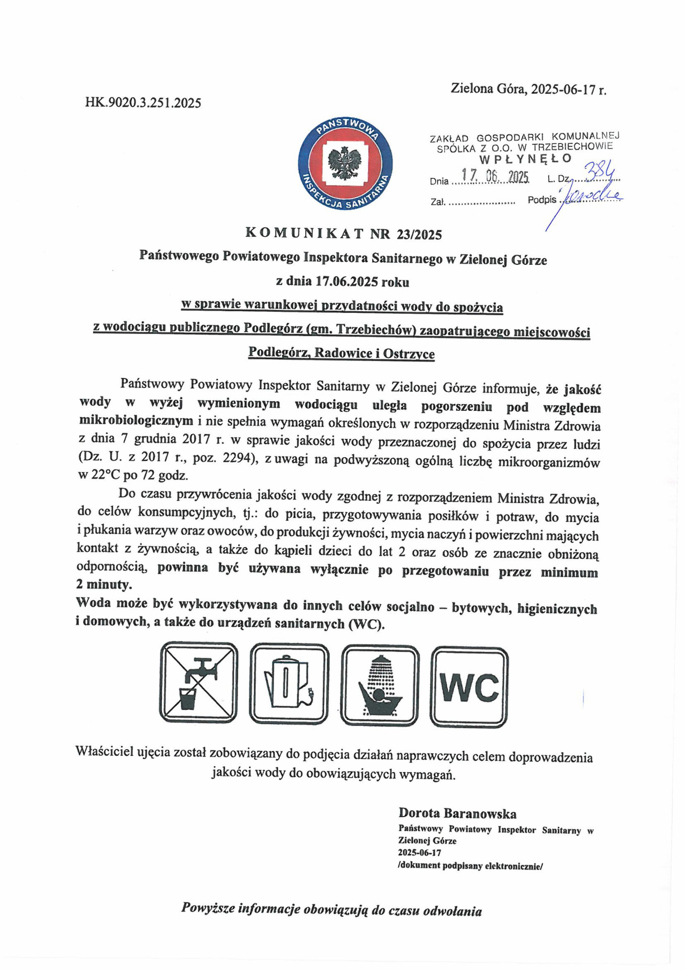 Komunikat w sprawie warunkowej przydatności wody do spożycia