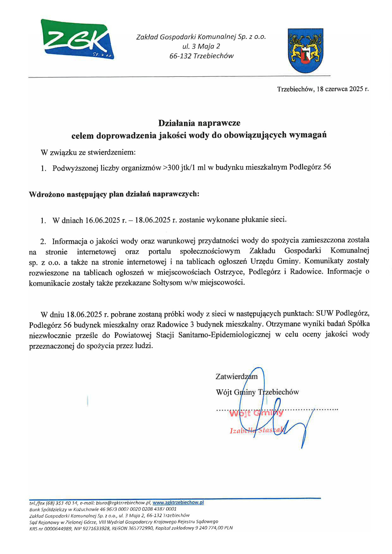 Działania naprawcze celem doprowadzenia jakości wody do obowiązujących wymagań