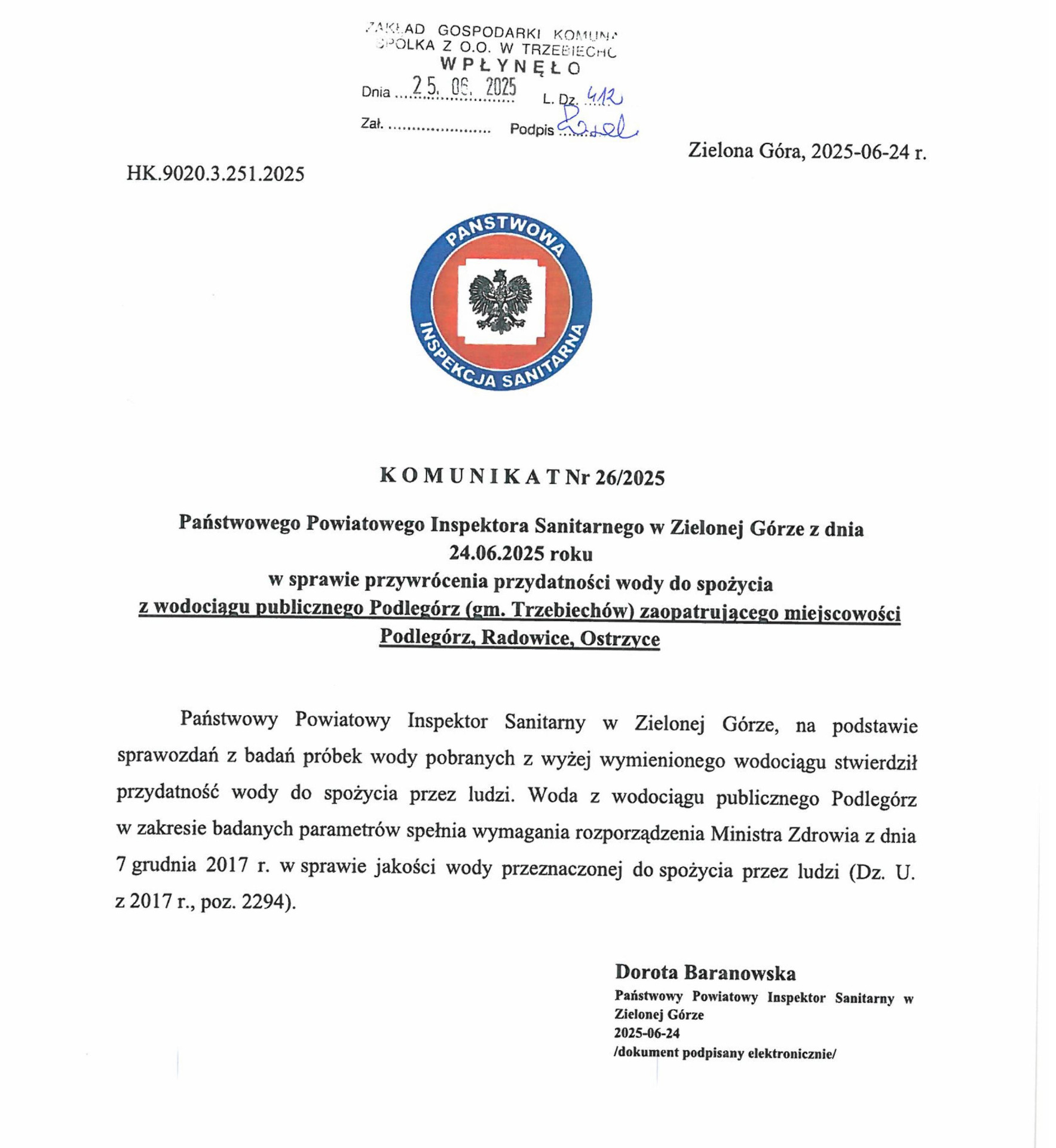 Komunikat w sprawie przywrócenia przydatności wody do spożycia z wodociągu publicznego Podlegórz