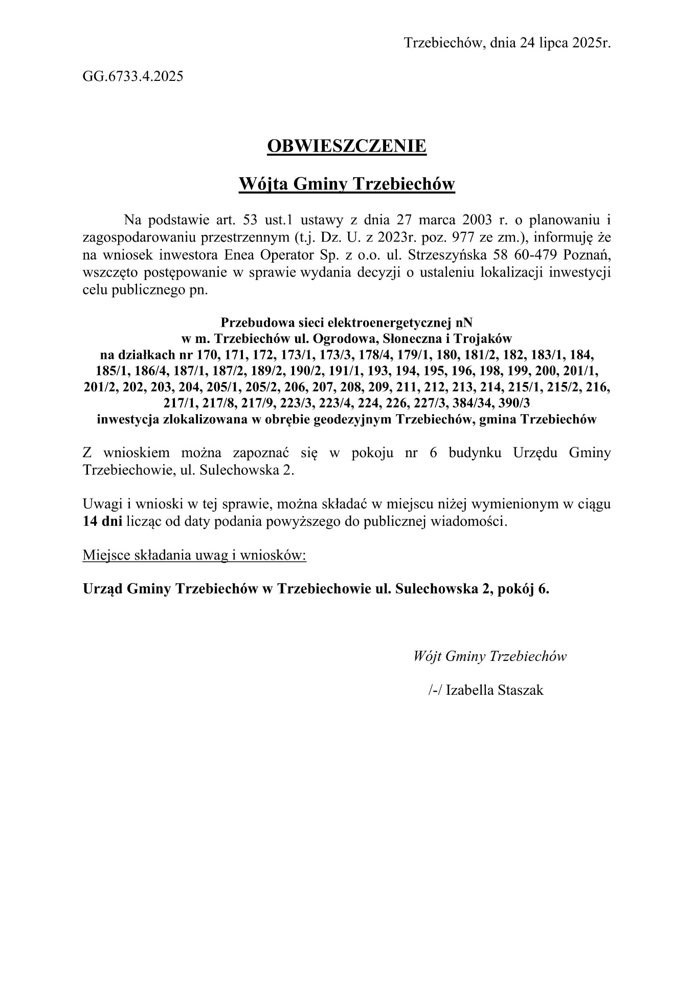  OBWIESZCZENIE Wójta Gminy Trzebiechów z dnia 24 lipca 2025r. 