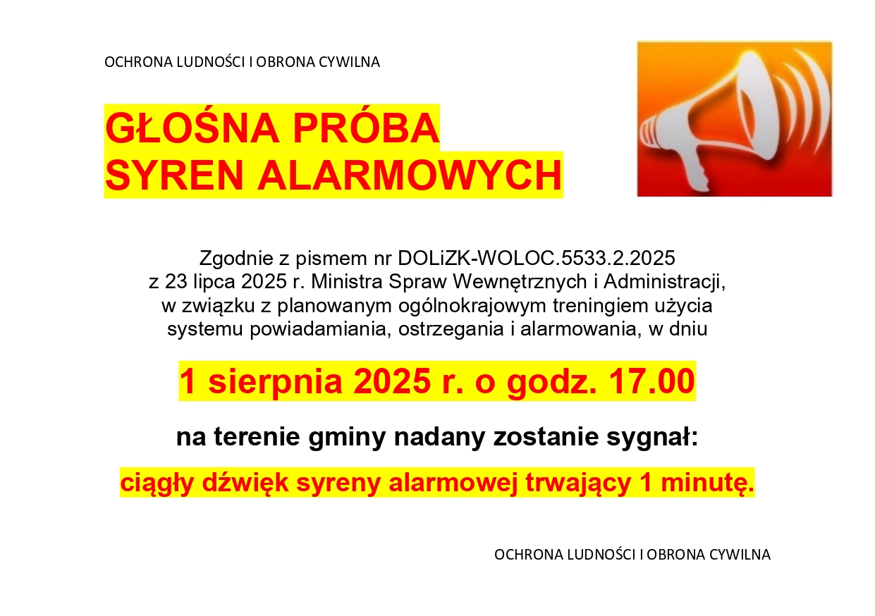 GŁOŚNA PRÓBA SYREN ALARMOWYCH
