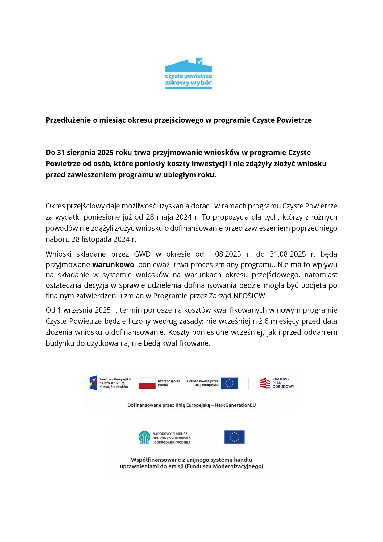 Przedłużenie o miesiąc okresu przejściowego w programie Czyste Powietrze 
