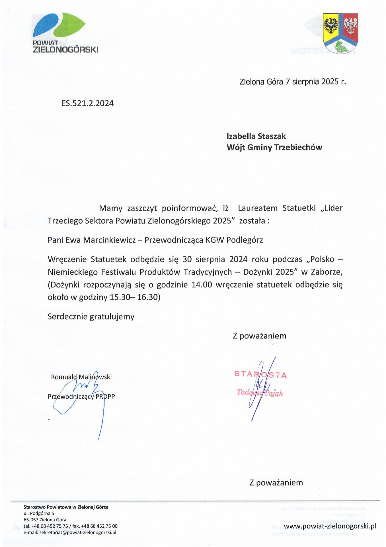 Laureat Statuetki "Lider Trzeciego Sektora Powiatu Zielonogórskiego 2025"