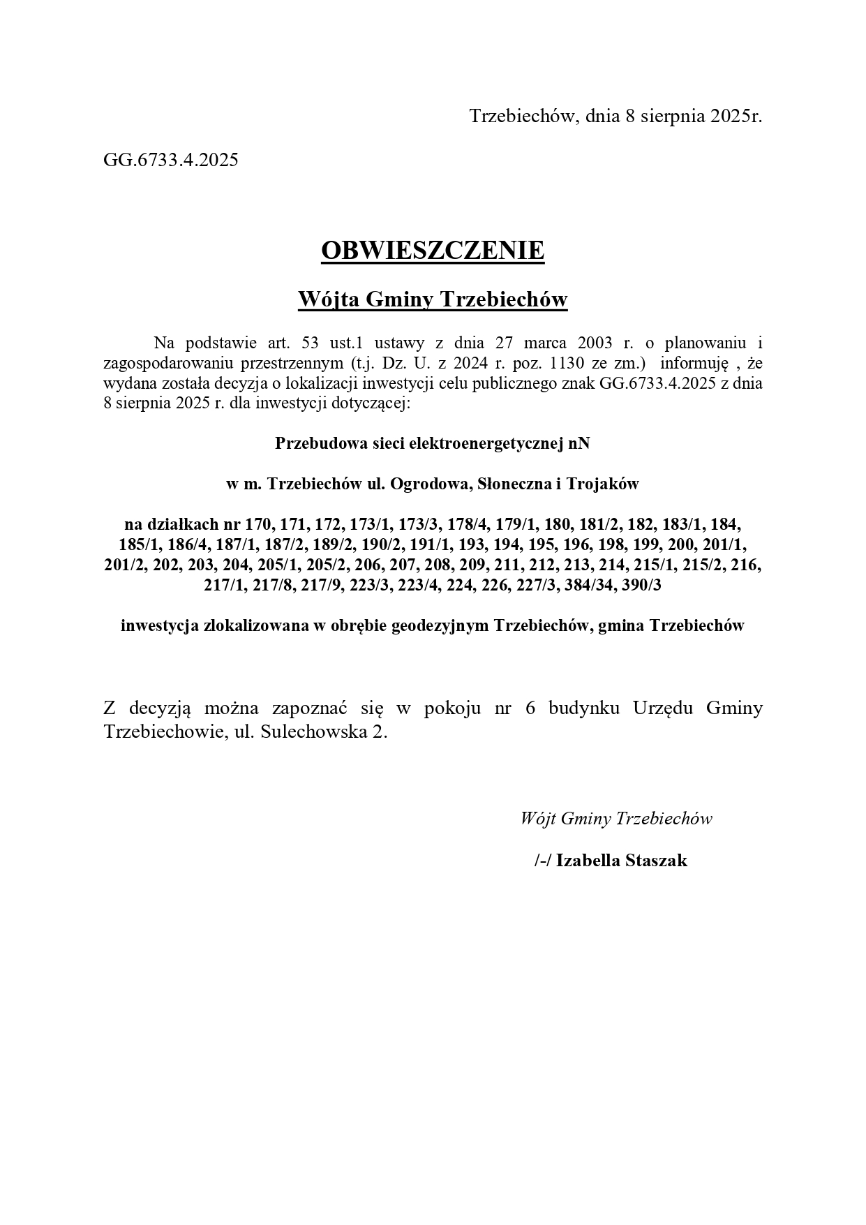  OBWIESZCZENIE Wójta Gminy Trzebiechów z dnia 08 sierpnia 2025r. 