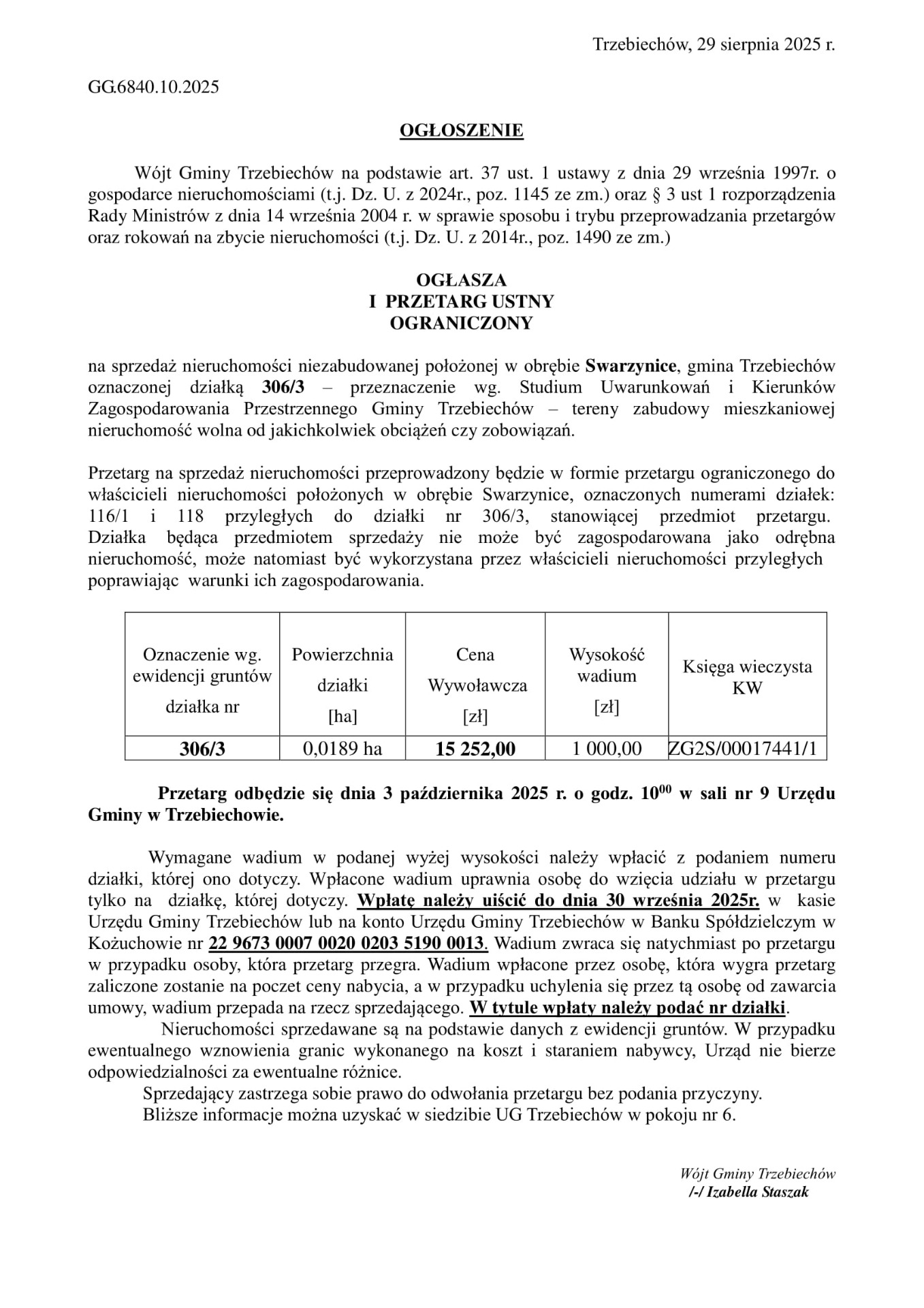 Wójt Gminy Trzebiechów ogłasza I przetarg ustny ograniczony