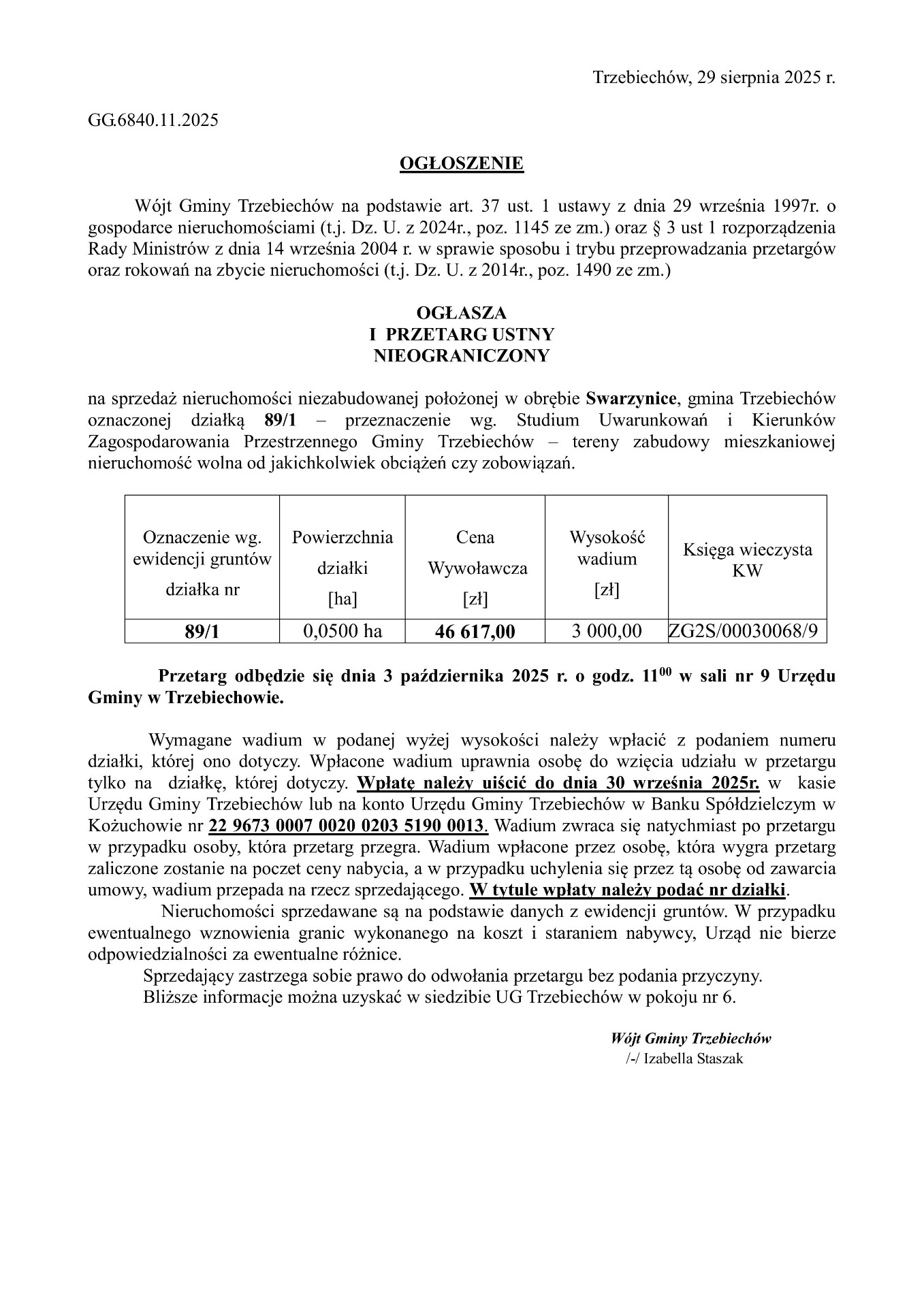 Wójt Gminy Trzebiechów ogłasza I przetarg ustny nieograniczony