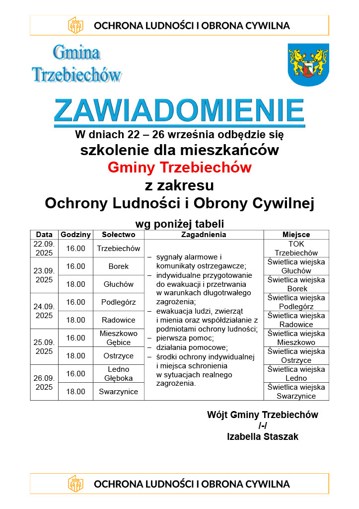 Szkolenie dla mieszkańców Gminy Trzebiechów  z zakresu  Ochrony Ludności i Obrony Cywilnej