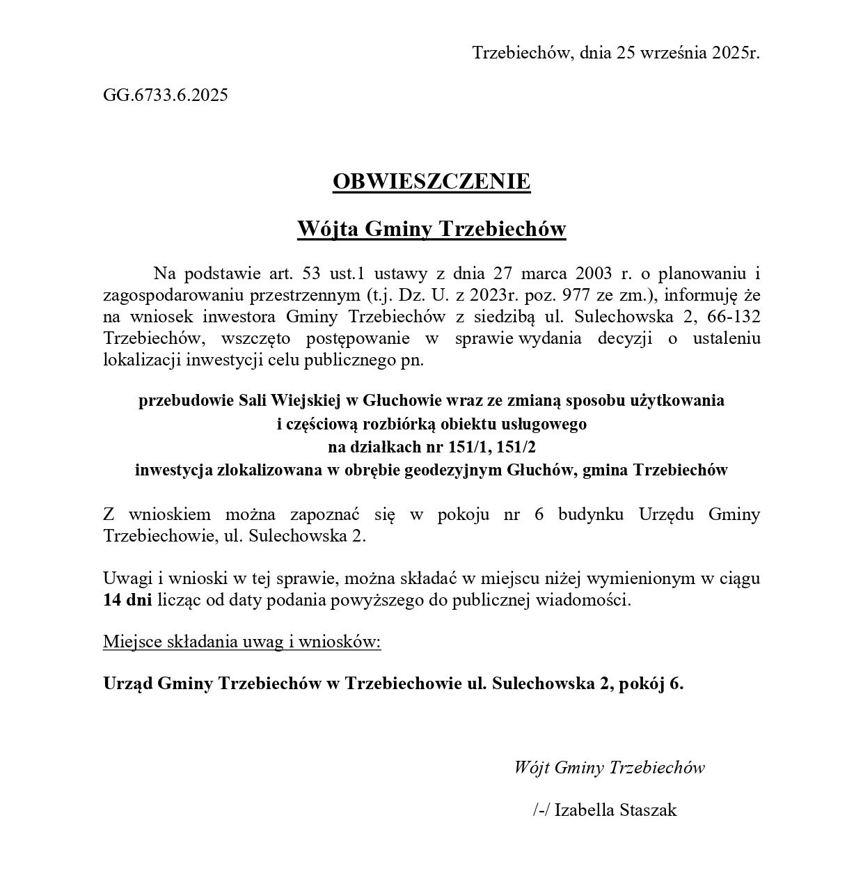  OBWIESZCZENIE Wójta Gminy Trzebiechów z dnia 25 września 2025r. 
