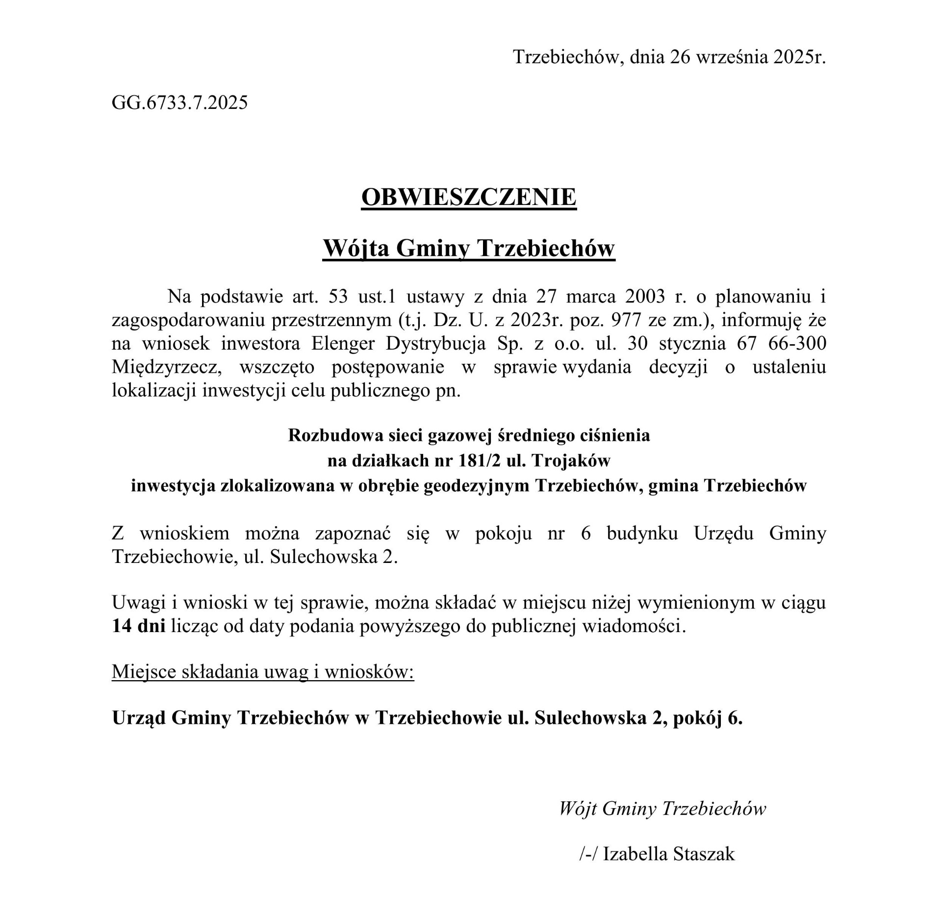  OBWIESZCZENIE Wójta Gminy Trzebiechów z dnia 26 września 2025r. 
