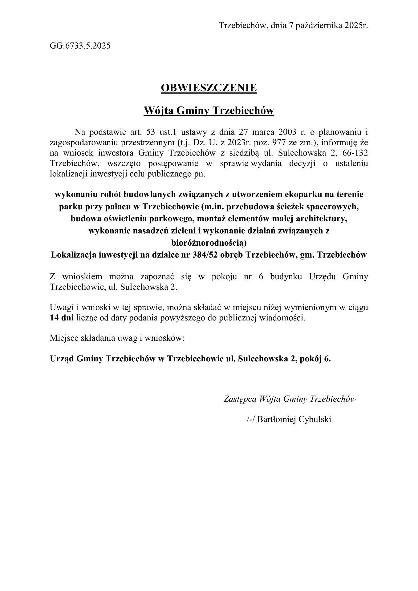  OBWIESZCZENIE Wójta Gminy Trzebiechów z dnia 07 października 2025r. 