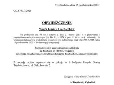 OBWIESZCZENIE Wójta Gminy Trzebiechów z dnia 15 października 2025r.