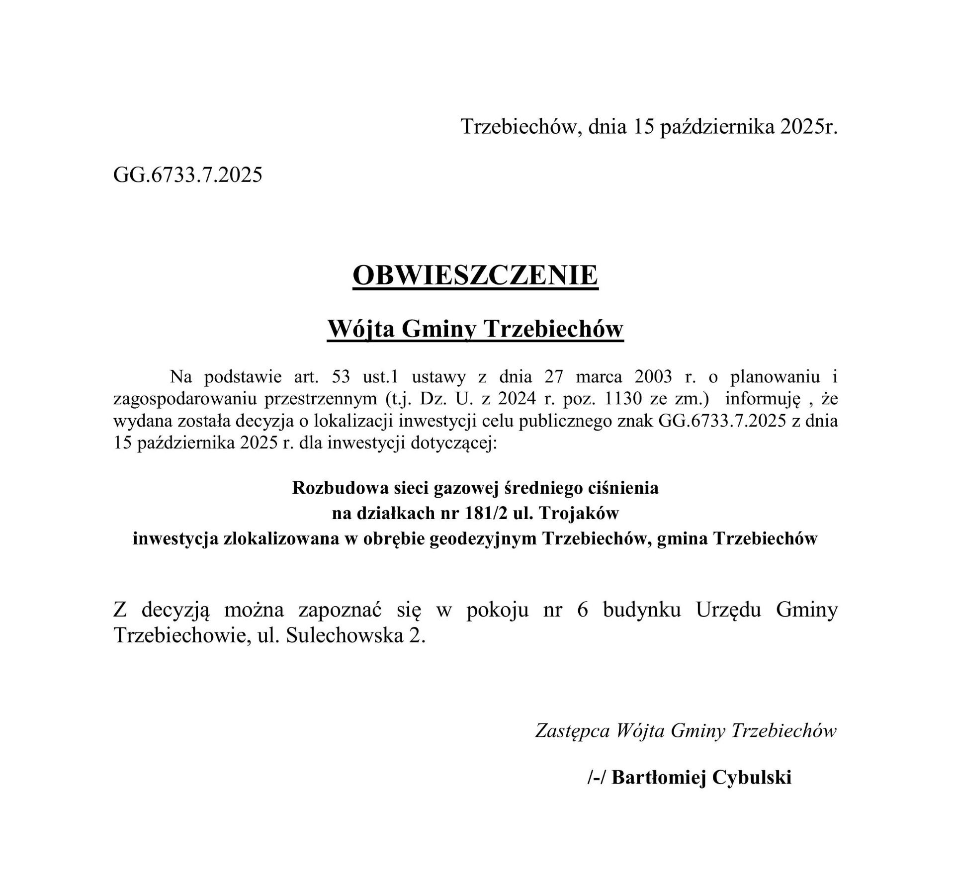  OBWIESZCZENIE Wójta Gminy Trzebiechów z dnia 15 października 2025r. 
