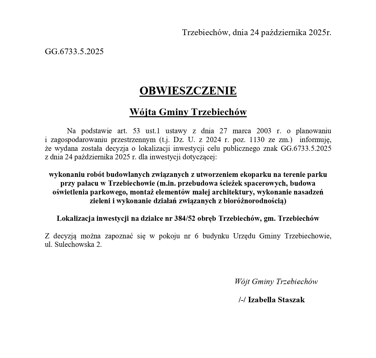  OBWIESZCZENIE Wójta Gminy Trzebiechów z dnia 24 października 2025r. 