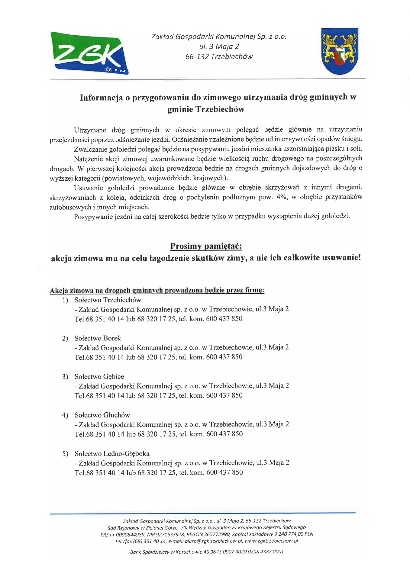 Informajca o przygotowaniu do zimowego utrzymania dróg gminnych w gminie Trzebiechów