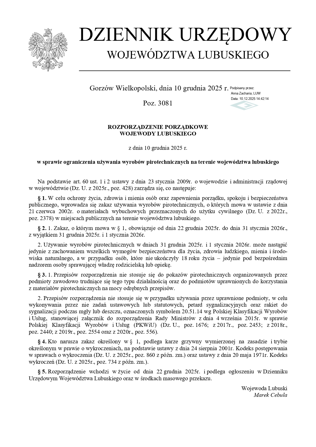 Rozporządzenie porządkowe Wojewody Lubuskiego w sprawie ograniczenia używania wyrobów pirotechnicznych na terenie województwa lubuskiego