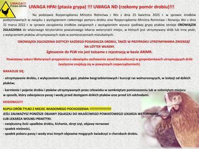 UWAGA HODOWCY! WAŻNY KOMUNIKAT – HPAI (ptasia grypa) oraz ND (rzekomy pomór drobiu)