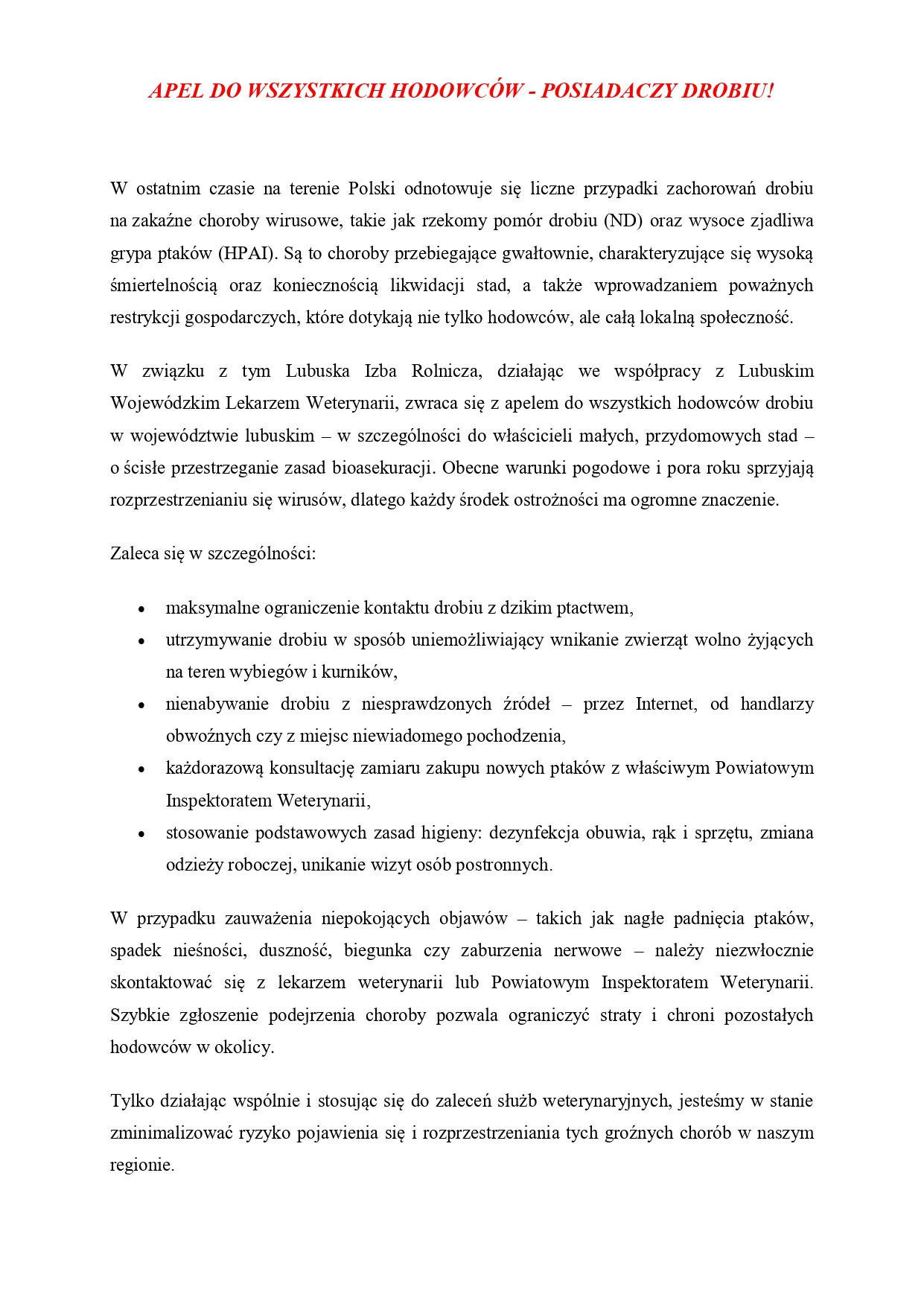 Apel do wszystkich hodowców - posiadaczy drobiu!