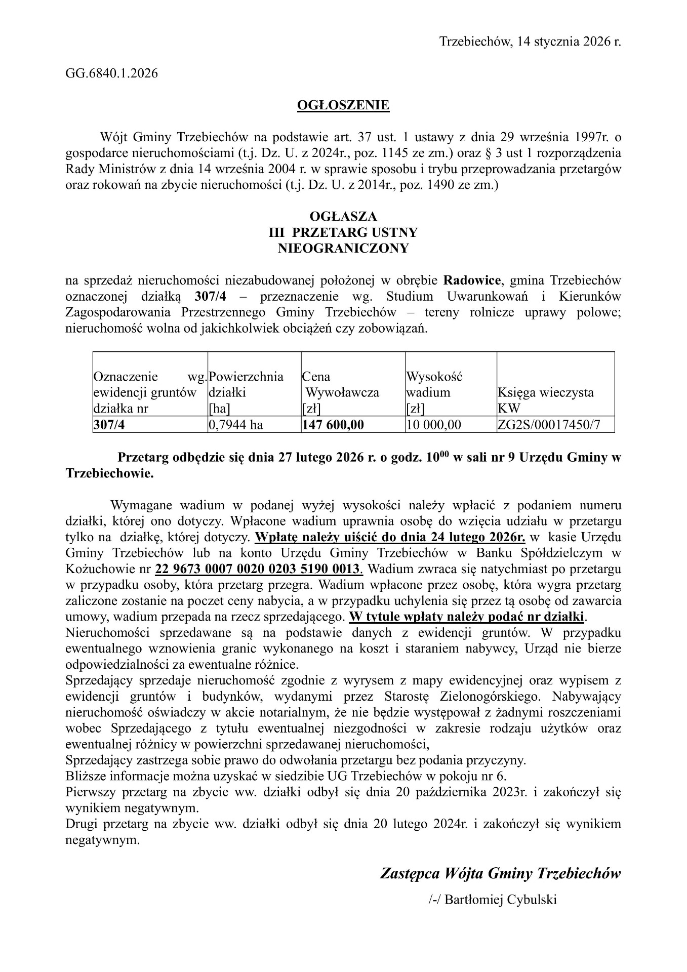 Wójt Gminy Trzebiechów ogłasza III przetarg ustny nieograniczony