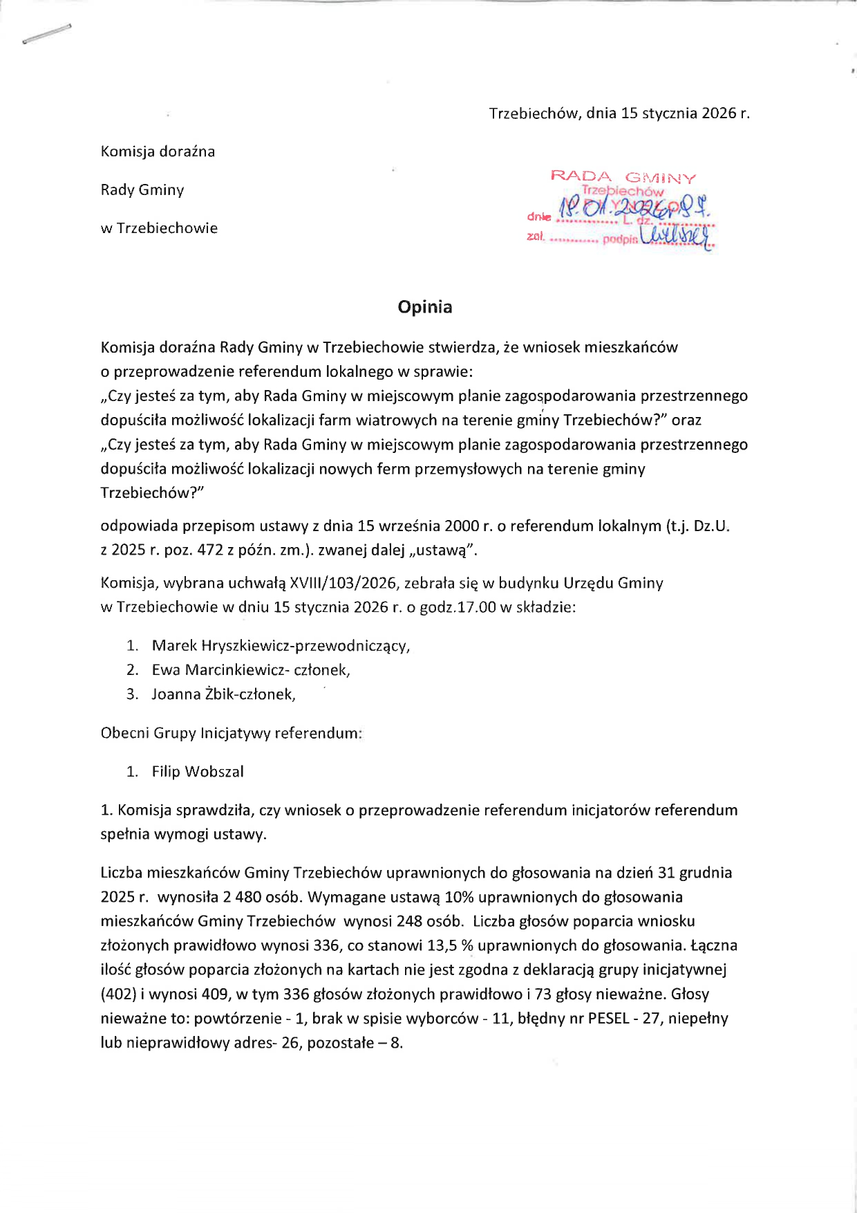 Opinia komisji doraźnej Rady Gminy w Trzebiechowie w sprawie przeprowadzenia referendum lokalnego
