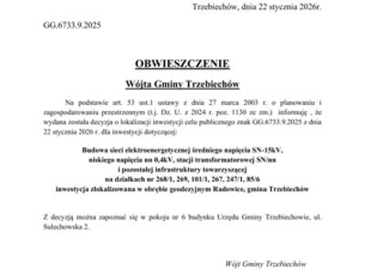 OBWIESZCZENIE Wójta Gminy Trzebiechów z dnia 22 stycznia 2026r.