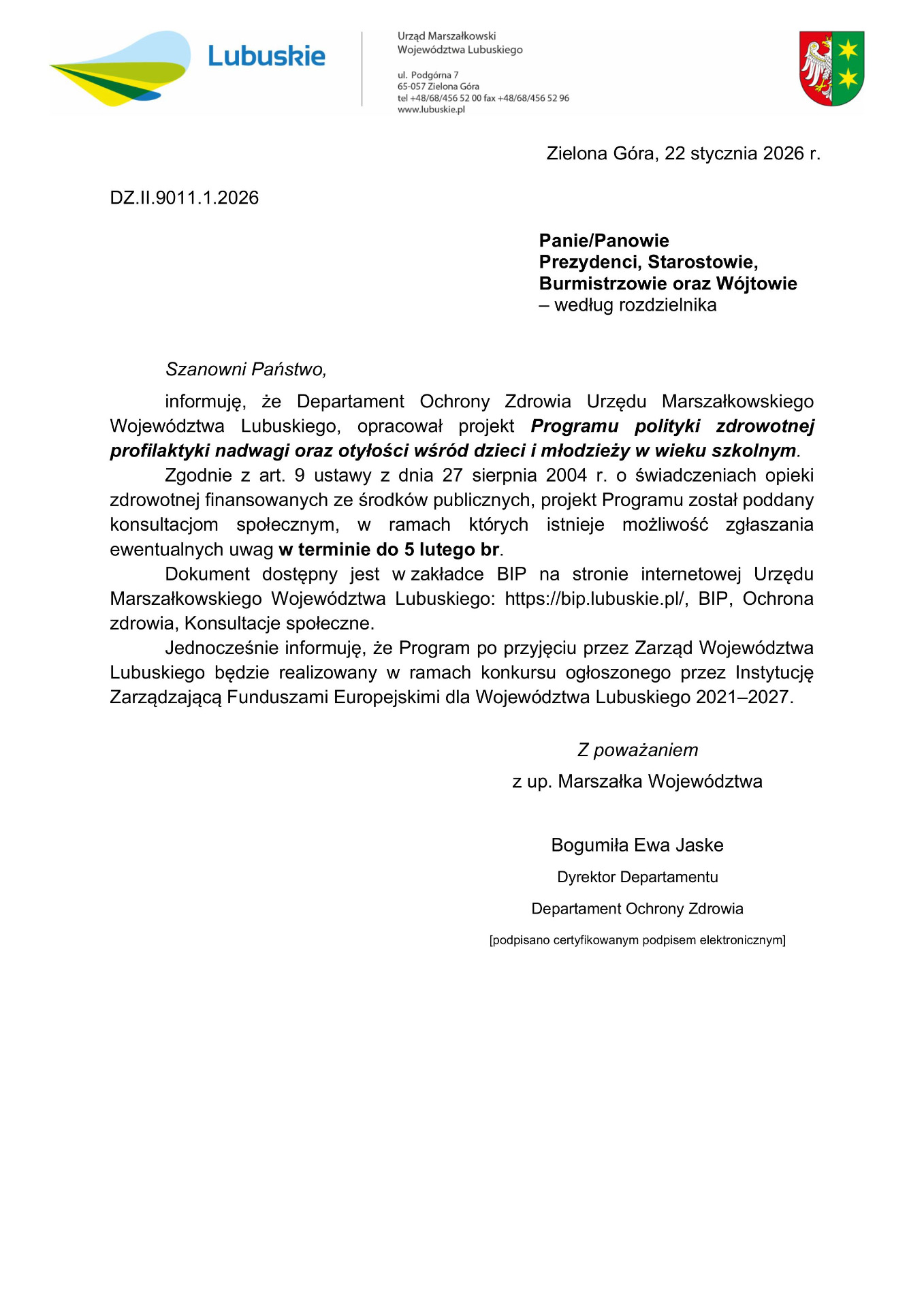 Konsultacje projektu Programu polityki zdrowotnej profilaktyki nadwagi oraz otyłości wśród dzieci i młodzieży w wieku szkolnym dla mieszkańców województwa lubuskiego 