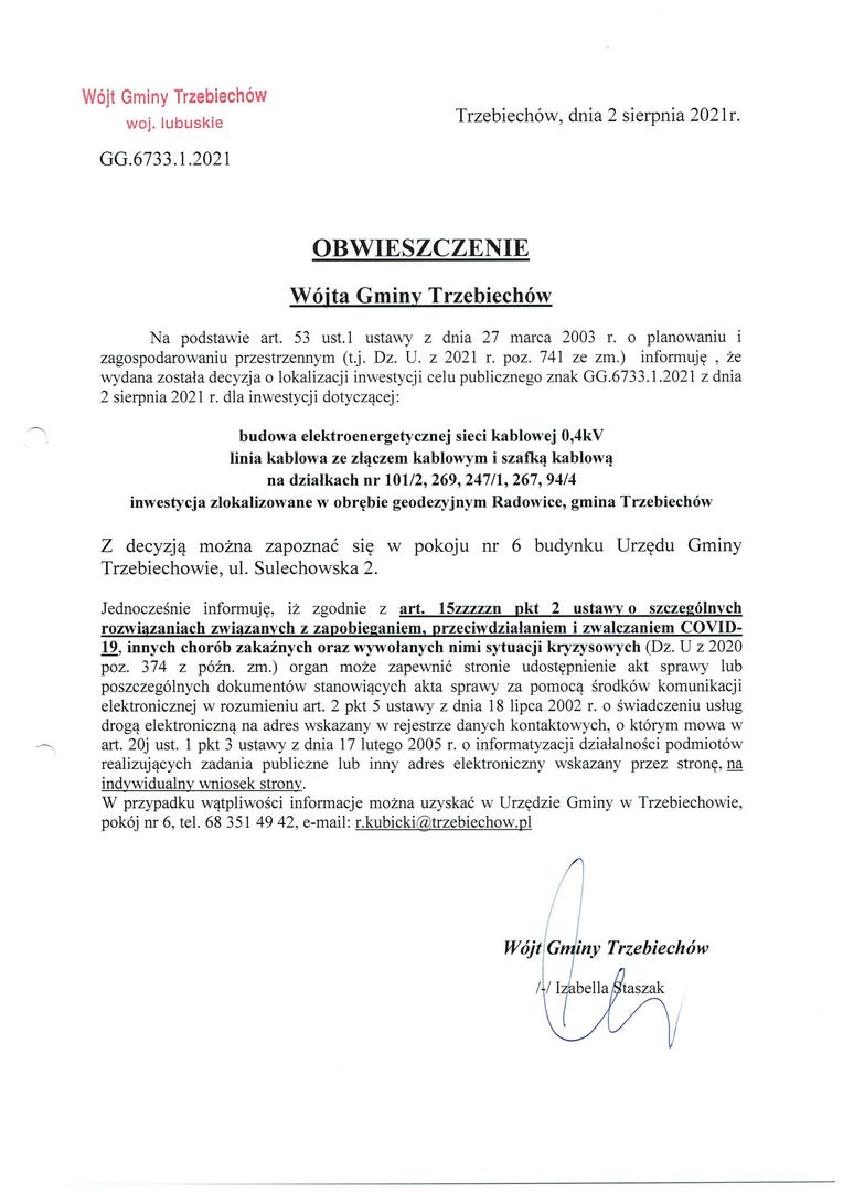 Pełna treść obwieszczenia Wójta Gminy Trzebiechów z dnia 02 sierpnia 2021 r.
