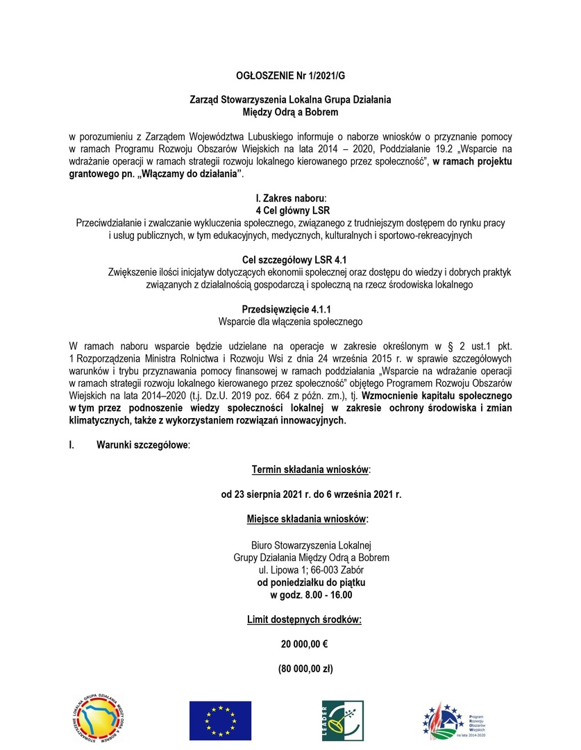 Nabór 1/2021/G w ramach przedsięwzięcia 4.1.1 Wsparcie dla włączenia społecznego