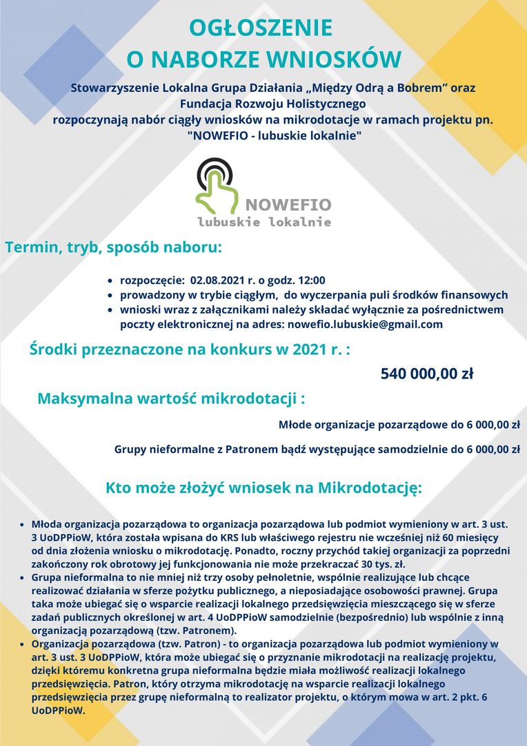 Nabór wniosków w ramach NOWEFIO-lubuskie lokalnie