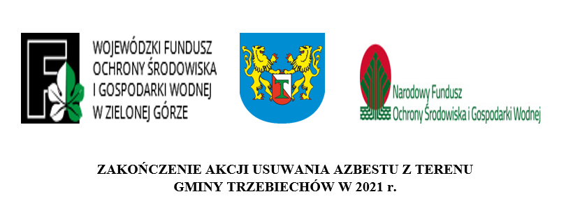 Od lewej logo Wojewódzkiego Funduszu Ochrony Środowiska i Gospodarki Wodnej w Zielonej Górze, na środku Herb Gminy Trzebiechów, po prawej logo Narodowego Funduszu Ochrony Środowiska i Gospodarki Wodnej