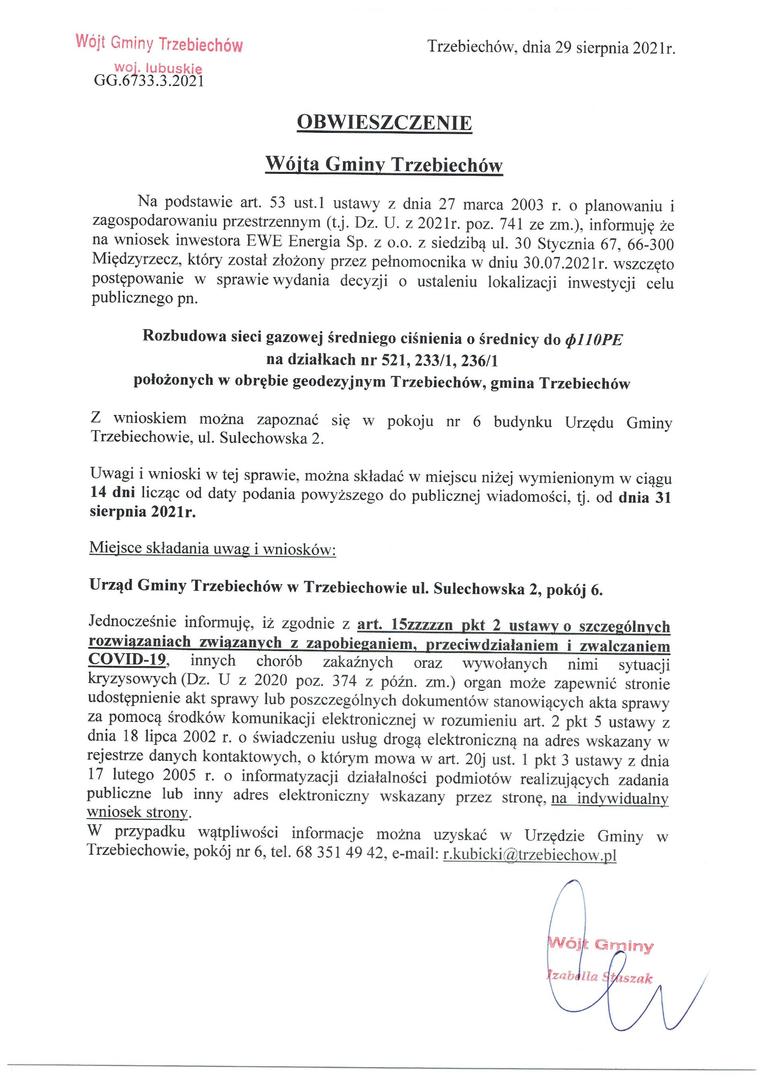
OBWIESZCZENIE Wójta Gminy Trzebiechów z dnia 29 sierpnia 2021r.
