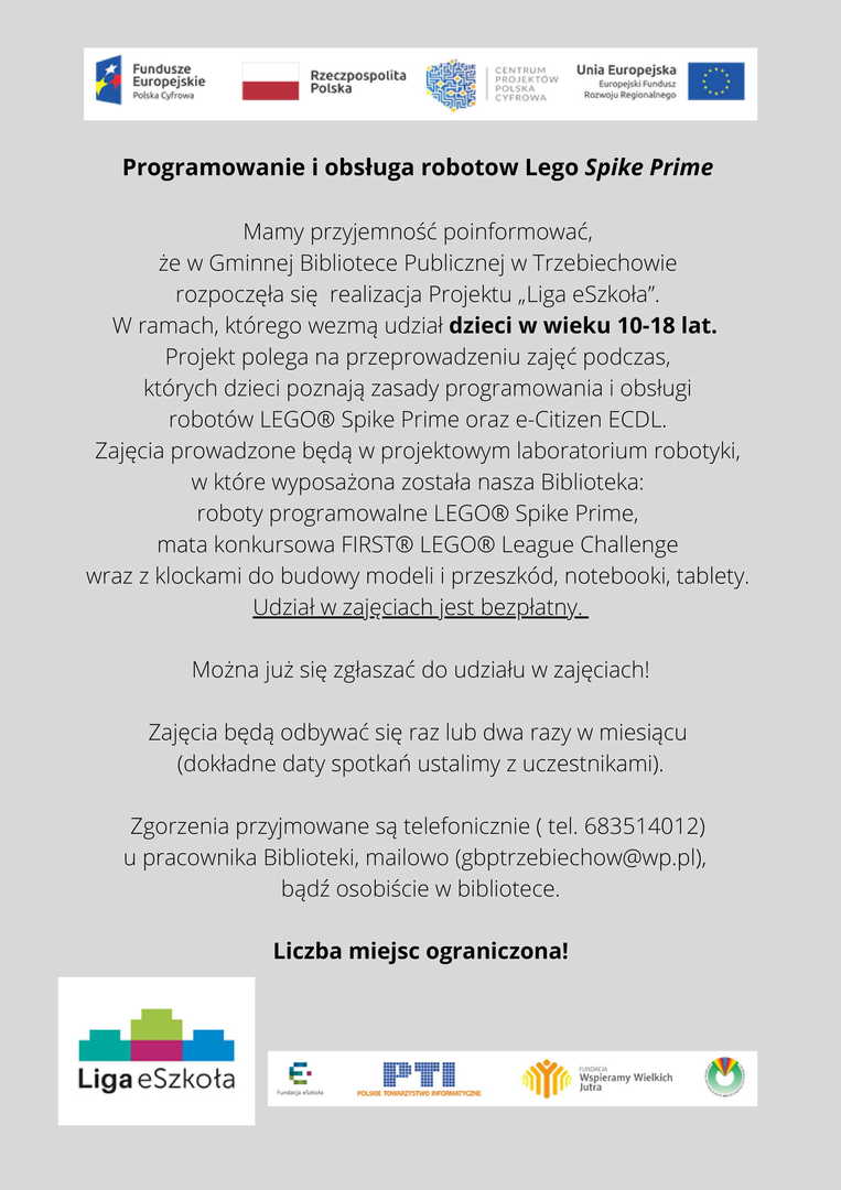 
Zajęcia z programowania i obsługi robotów Lego Spike Prime - Gminna Biblioteka Publiczna w Trzebiechowie