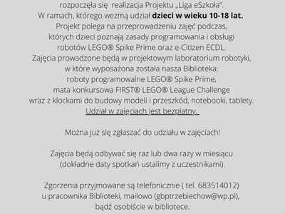 Zajęcia z programowania i obsługi robotów Lego Spike Prime - Gminna Biblioteka Publiczna w Trzebiechowie