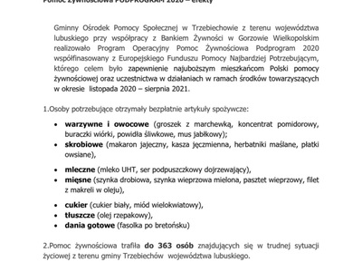 Pomoc Żywnościowa PODPROGRAM 2020 – efekty