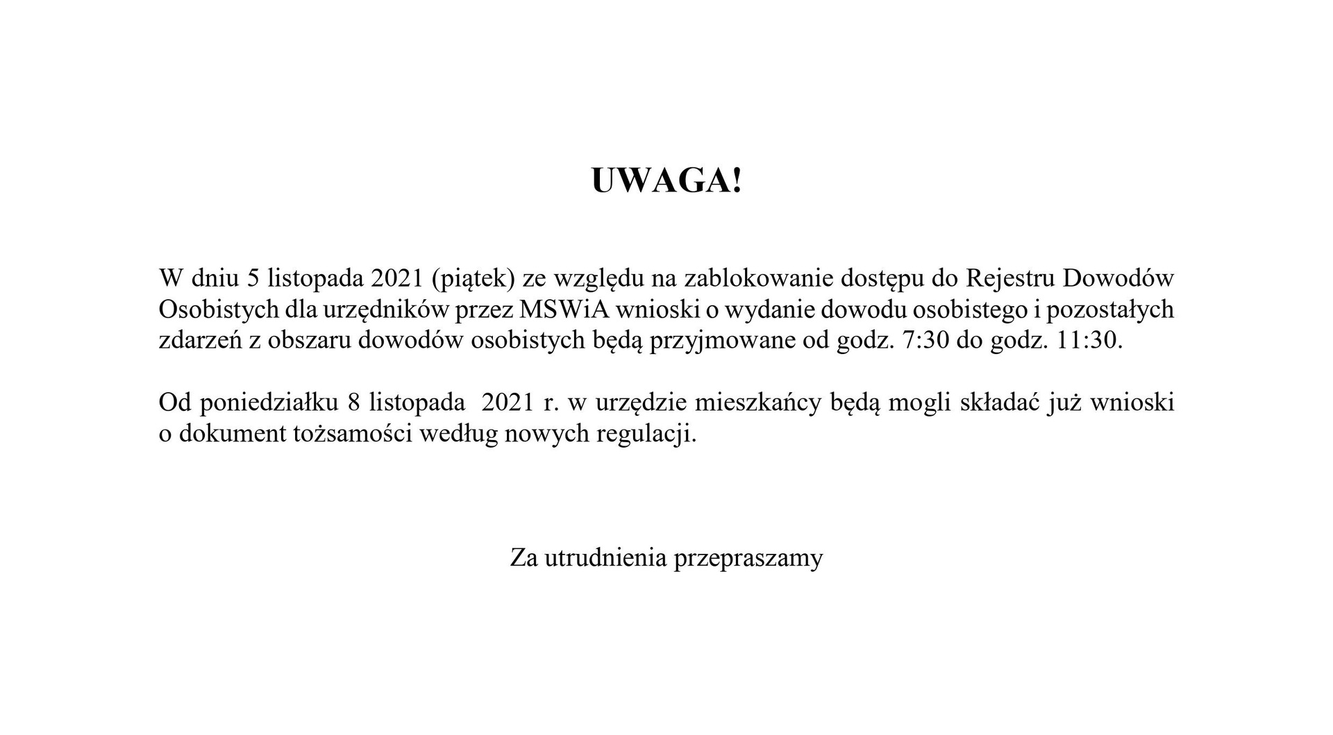 5 listopada przerwa w działaniu Rejestru Dowodów Osobistych